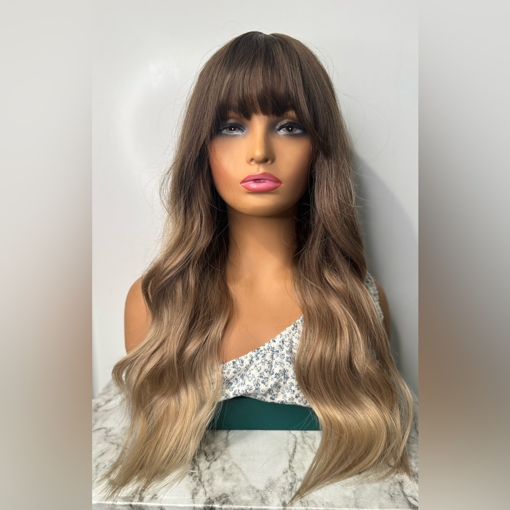Long Ombre Balayage Wig w/ Bangs – Brown to Light ash Blonde Wavy Natural Look